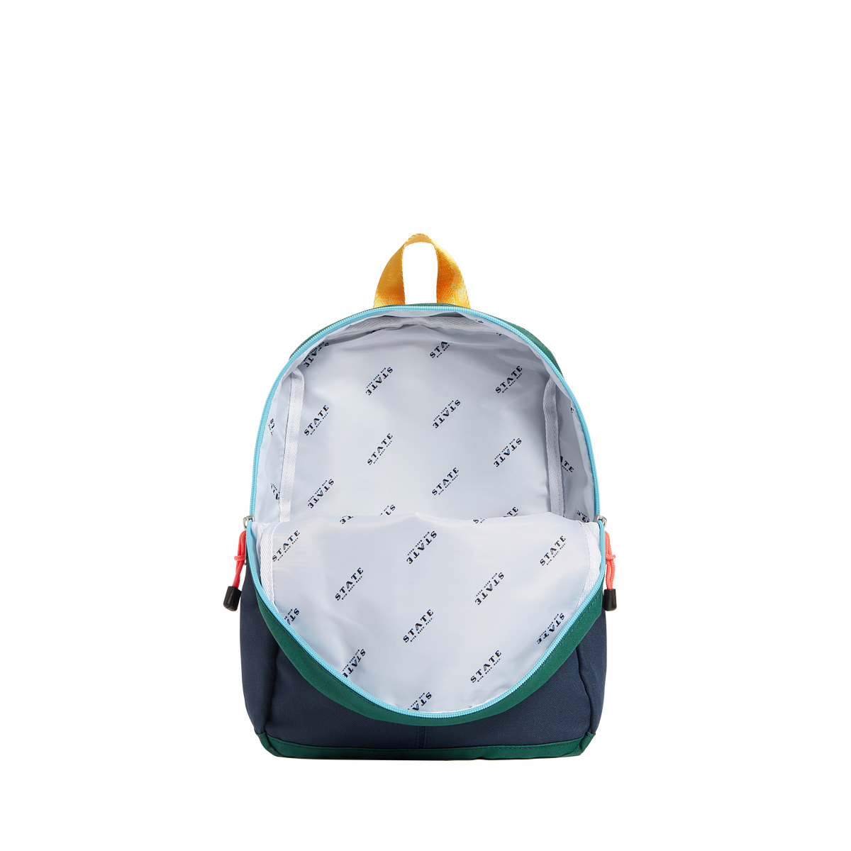 state bags kane kids mini travel backpack polyester canvas green/navy interior front view click to zoom