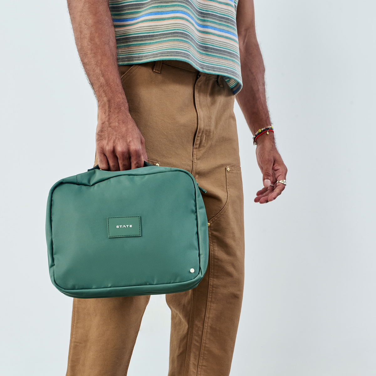 man holding state bags bensen toiletry kit large olive 