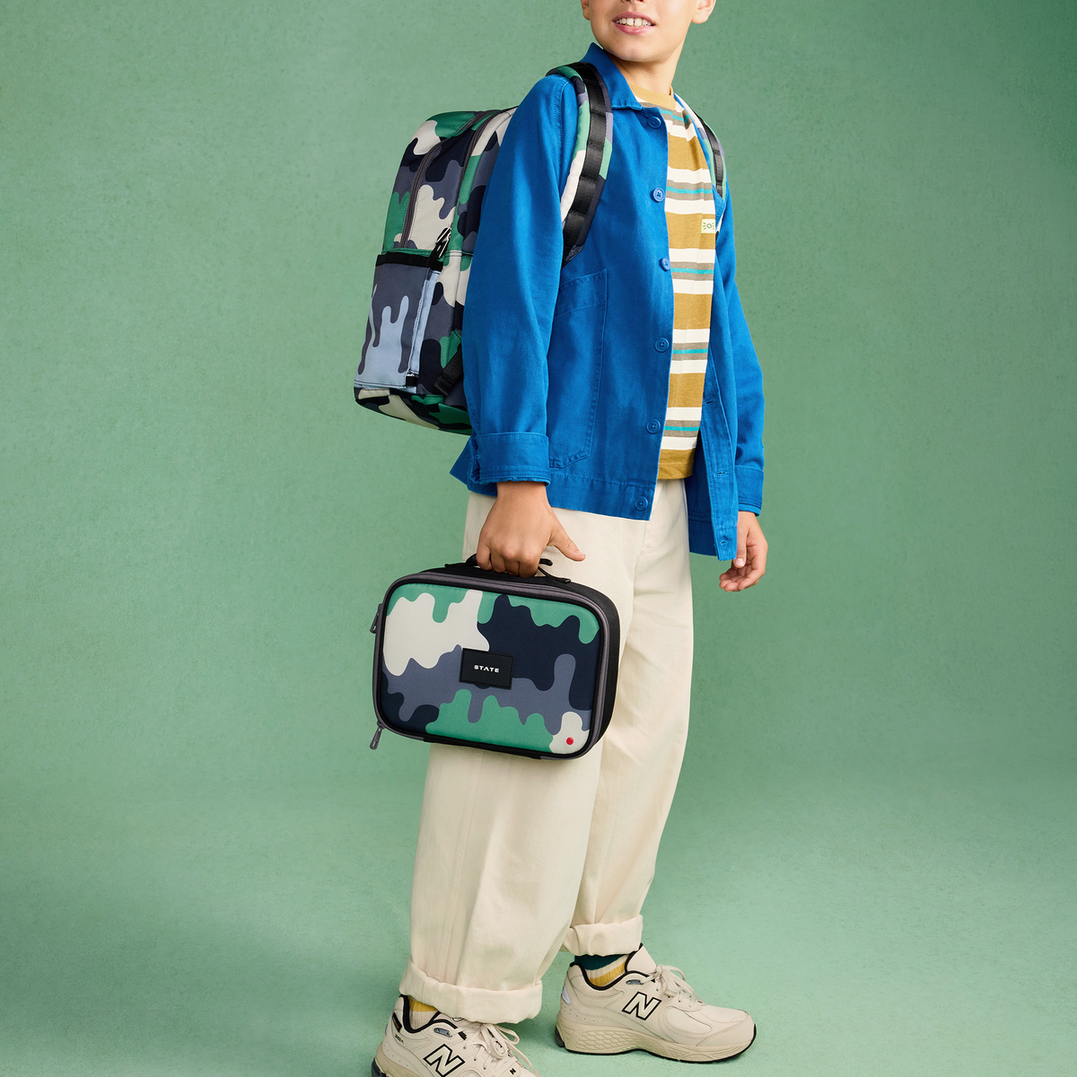 boy wearing STATE Bags Kane Backpack Camo Drip Back 