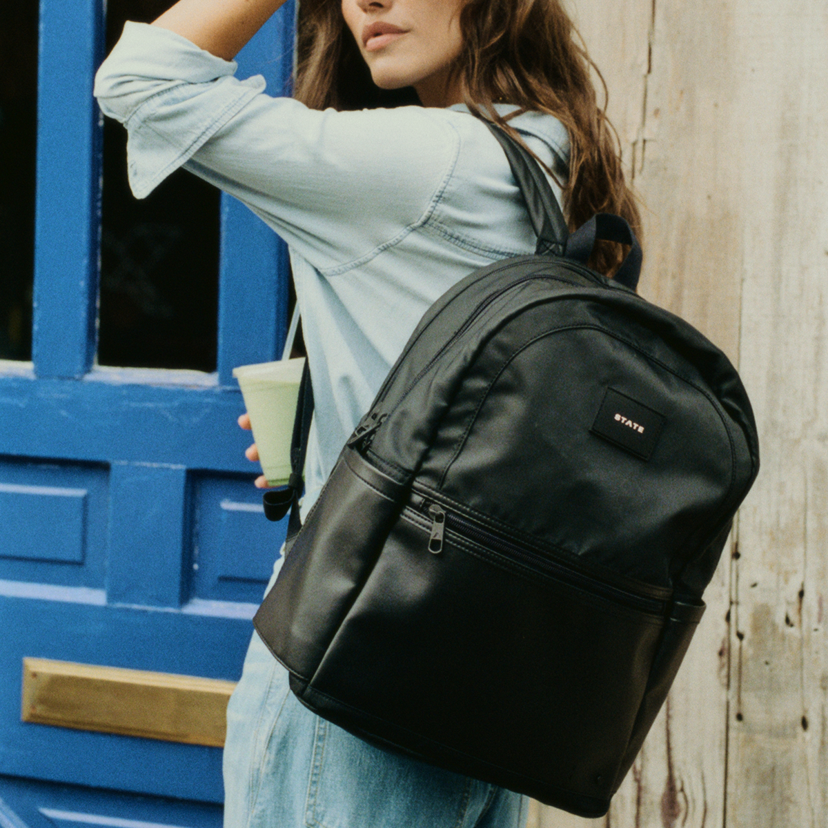 canvas backpack black leather STATE Bags