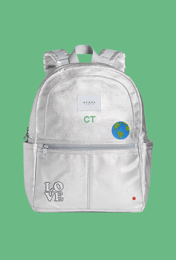 Silver backpack with personalization