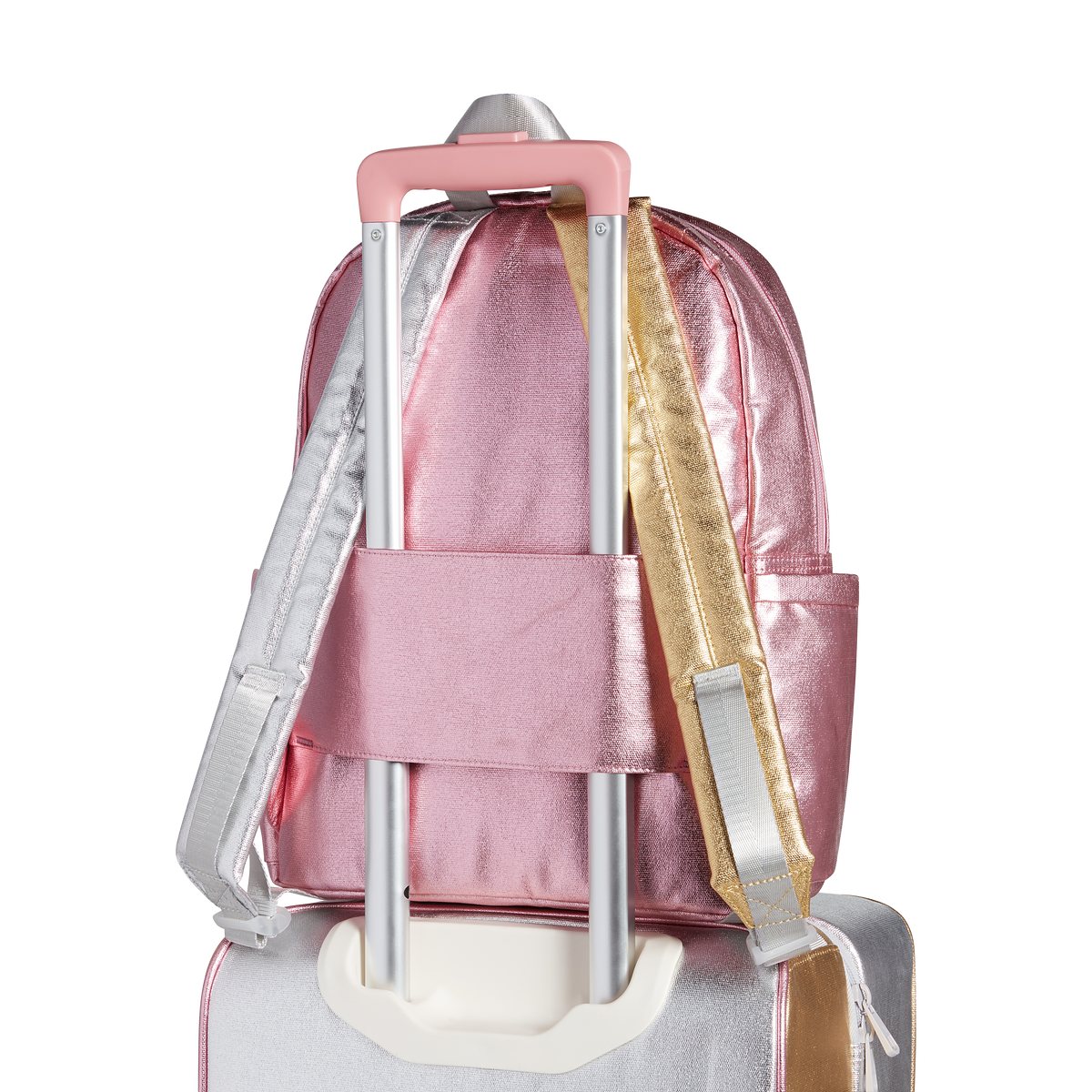 state bags kane kids travel backpack metallic pink/silver back view travel sleeve slid through suitcase handle click to zoom