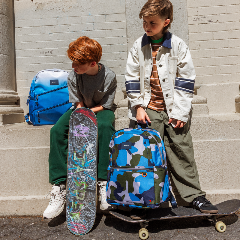 STATE Bags | Kane Kids Double Pocket Nylon Blue Gradient Diagonal Zipper