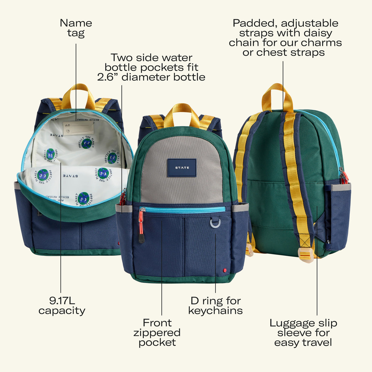 Kane kids mini green/navy features description