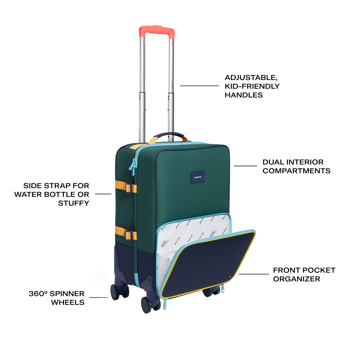 STATE Bags Product features image of STATE Bags Logan Luggage green/navy including front view click to zoom