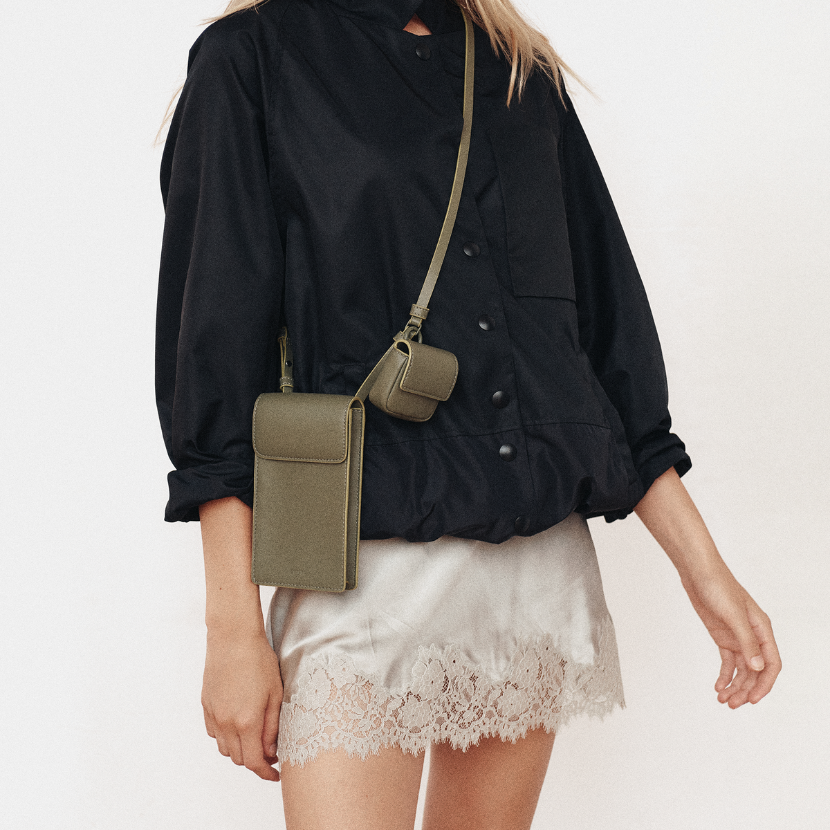Woman wearing STATE Bags Georgia Phone Sling Olive