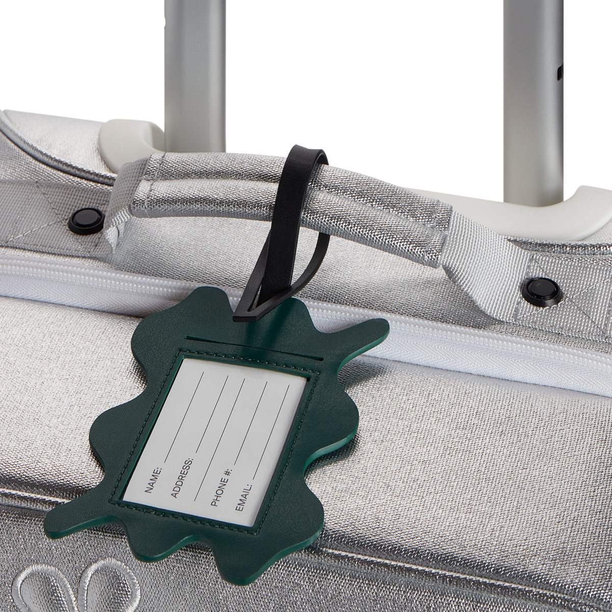 STATE Bags Squiggly Luggage Tag Vegea Leather Olive on Silver Luggage Front View Click to Zoom