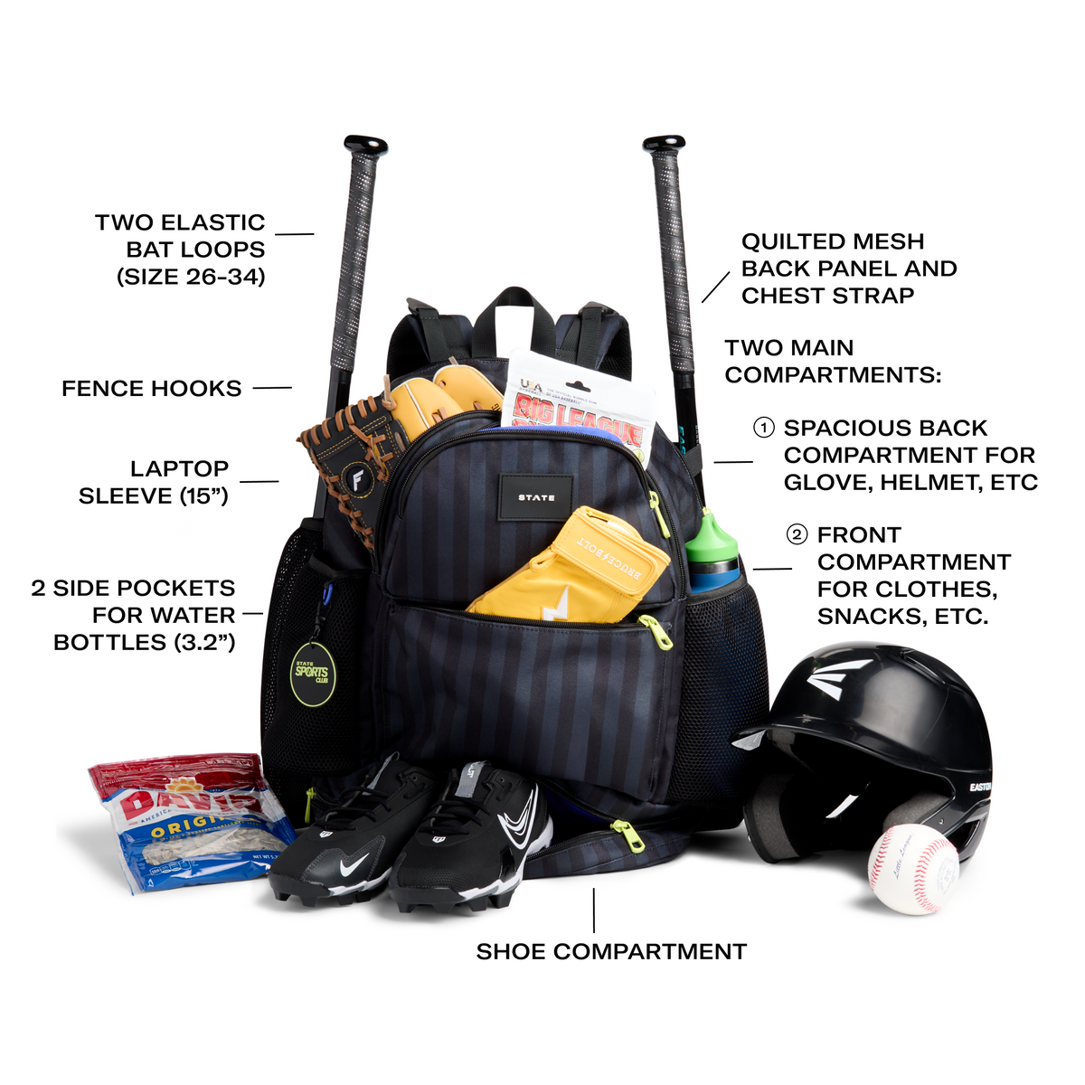 STATE Bags Shea Baseball Backpack Blue Gray Striped Front View Features Call out Click to Zoom