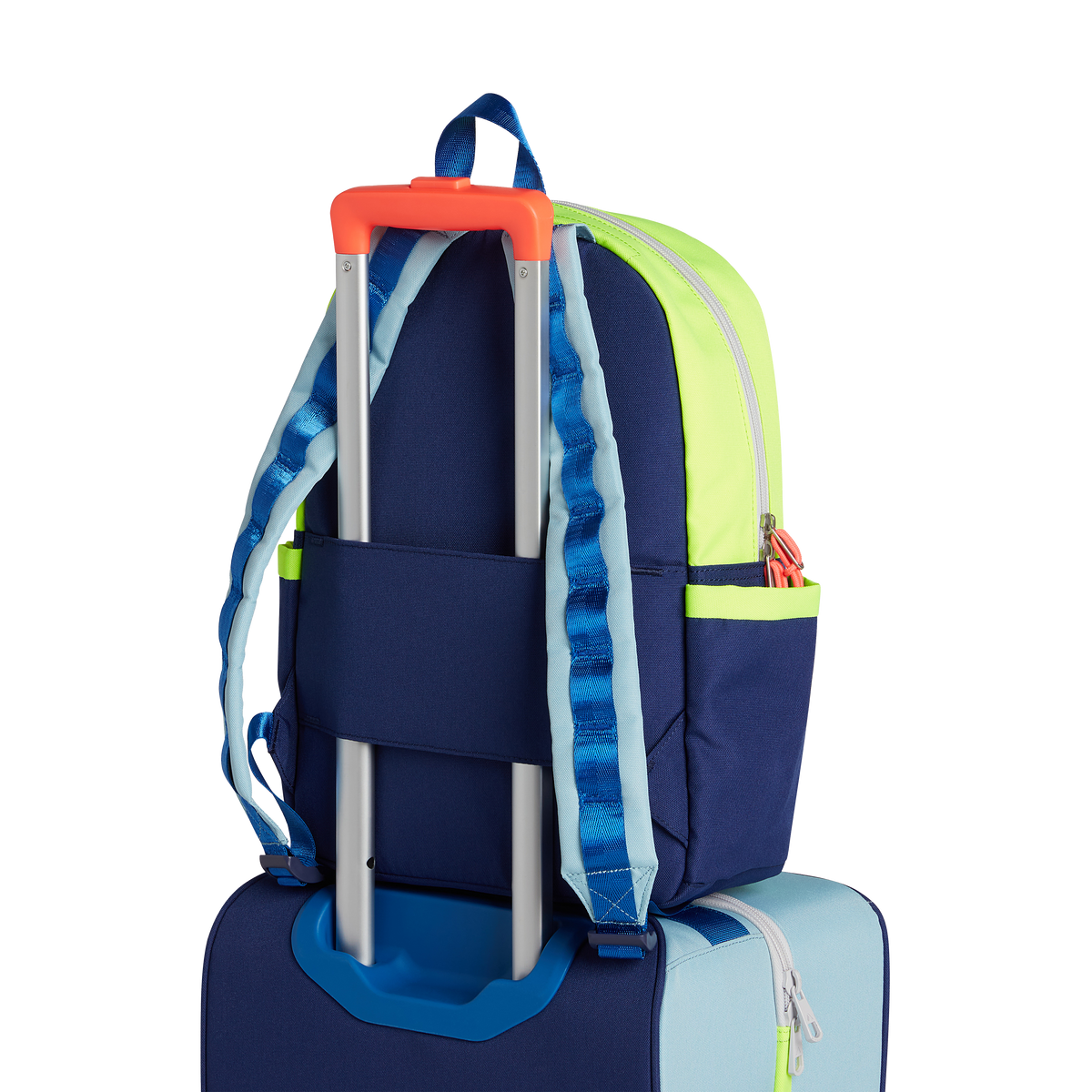 state bags kane kids travel backpack polyester canvas navy/neon back view travel sleeve slid through suitcase handle click to zoom