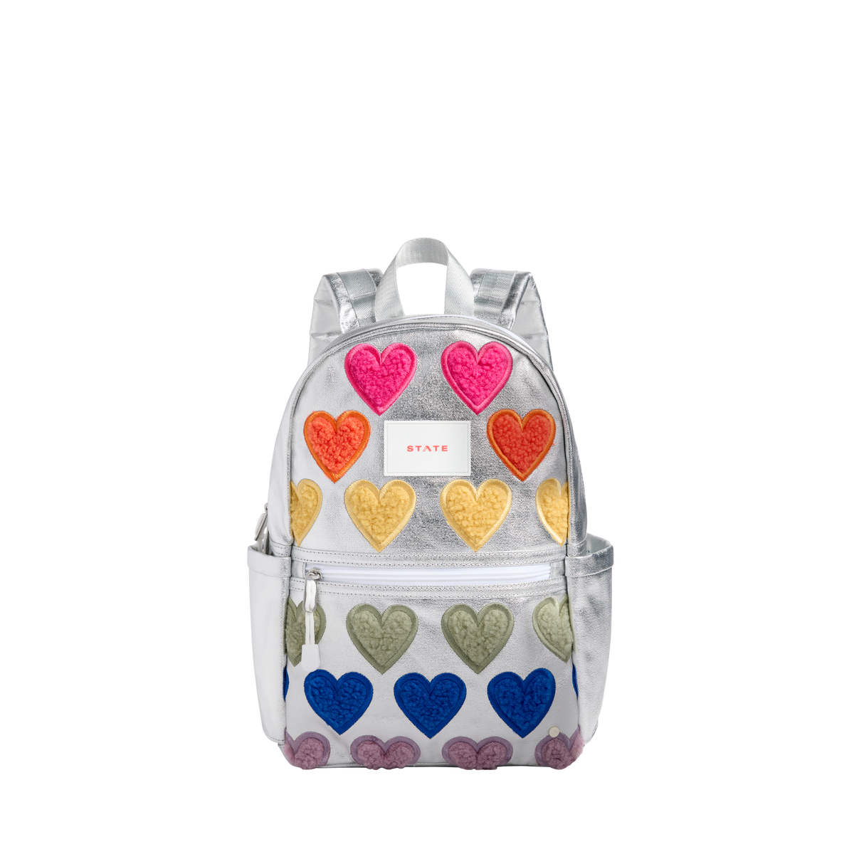 STATE Bags Kane Kids Mini Backpack Metallic Fuzzy Hearts Front View Click to Zoom