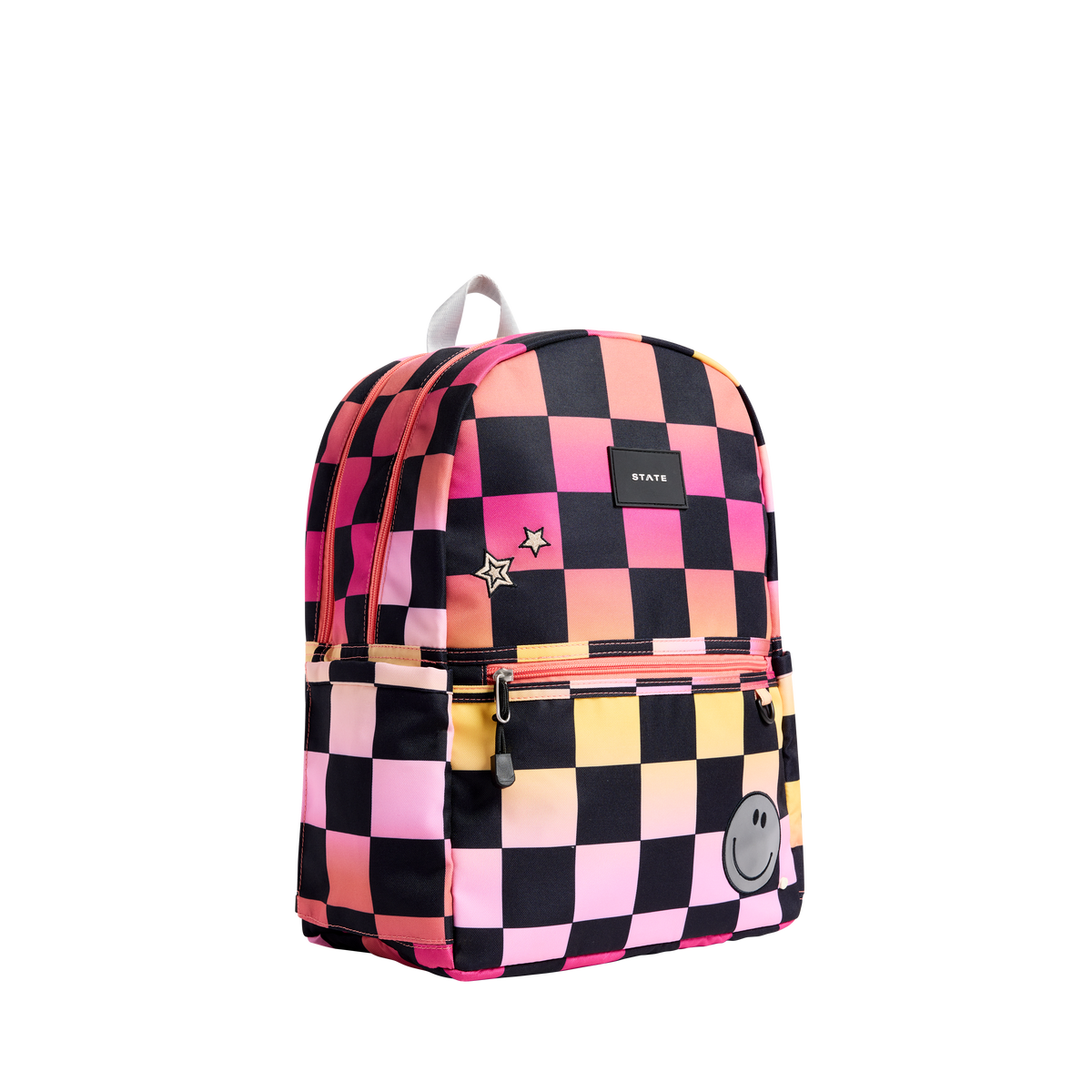 state bags kane kids double pocket backpack recycled poly canvas checkerboard pink side view click to zoom