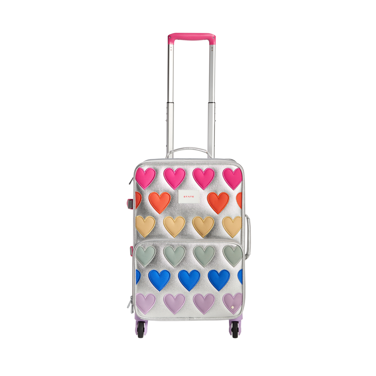 State Bags Logan Suitcase Metallic Fuzzy Hearts Front View Click to Zoom