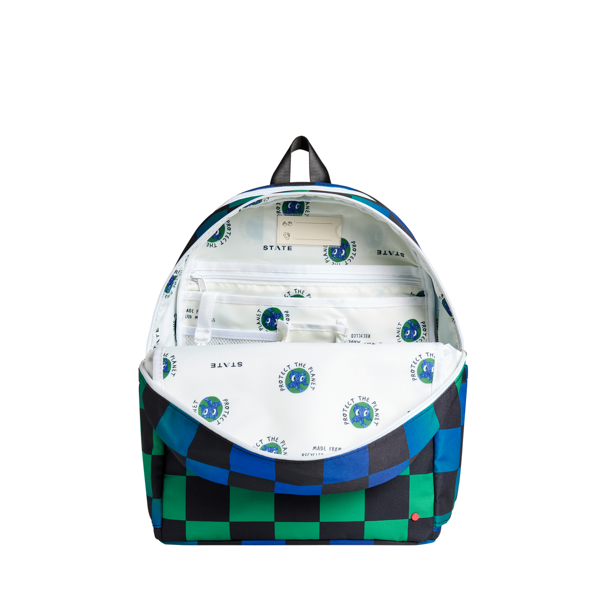 state bags kane kids double pocket backpack recycled poly canvas checkerboard blue interior view click to zoom