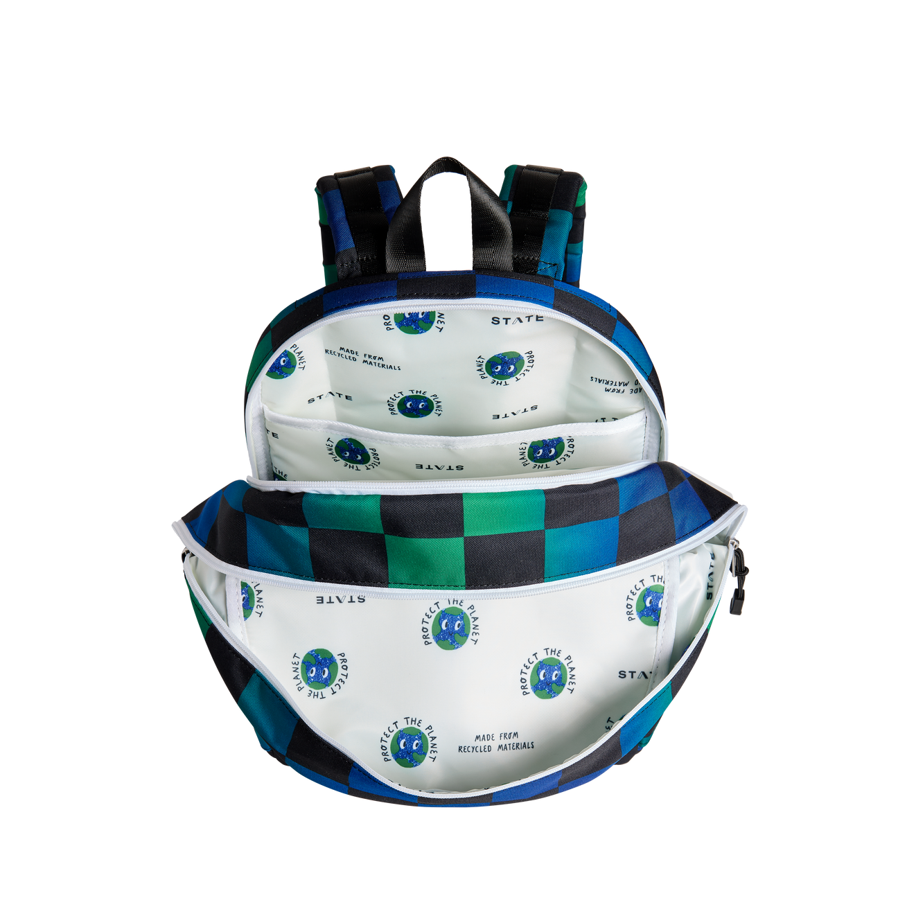 STATE Bags Kane Double Pocket Backpack Recycled Poly Canvas Blue Checkerboard
