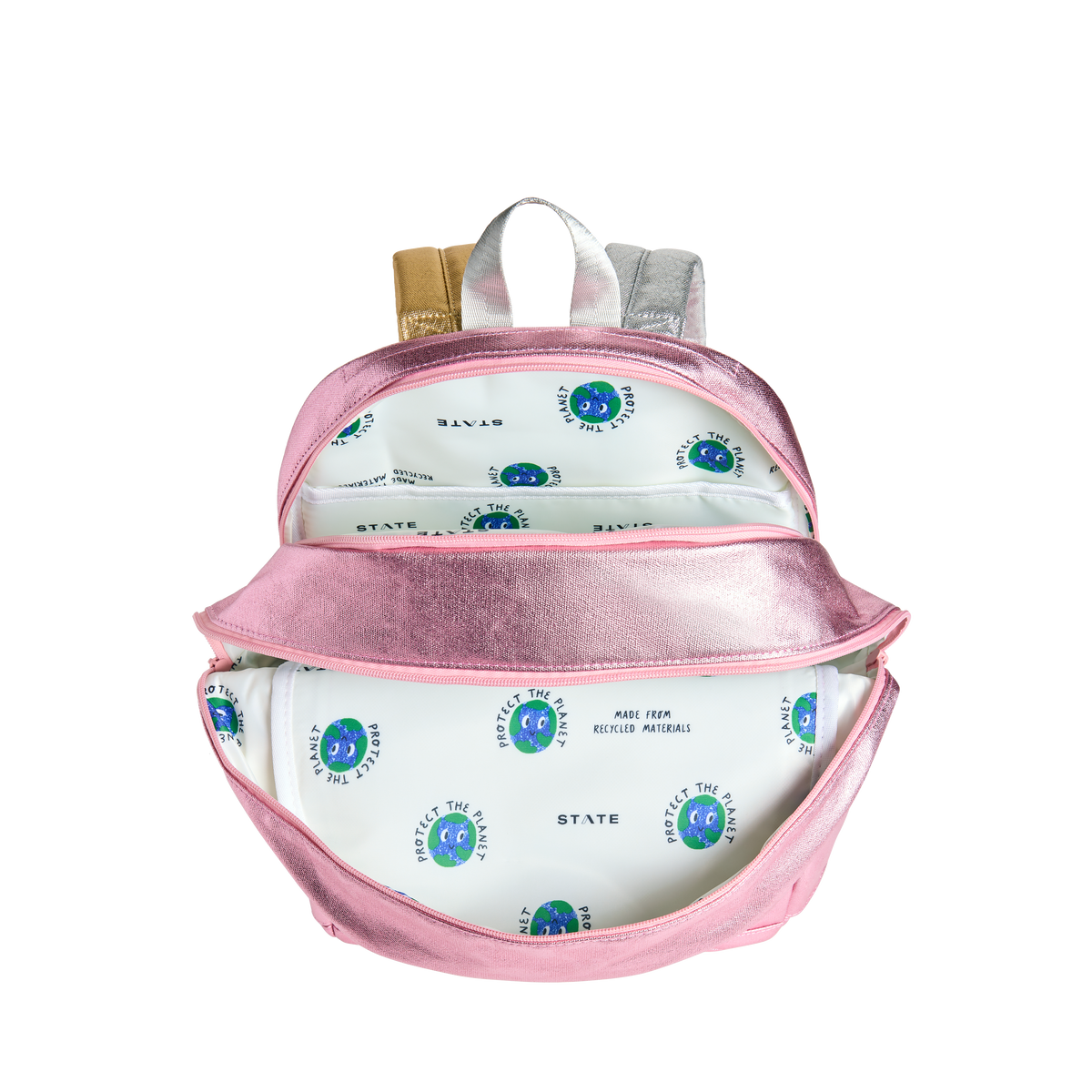 State Gold Backpack STATE Bags | Kane Kids Double Pocket Backpack Metallic Pink/Silver
