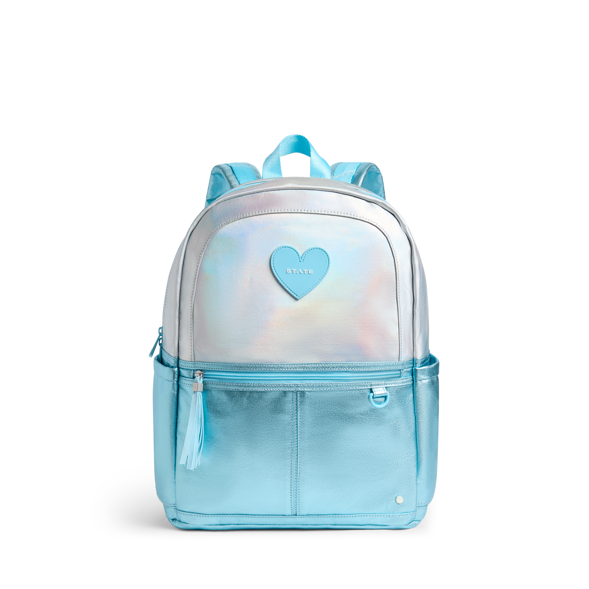 STATE Bags Kane Double Pocket Backpack Metallic Blue Iridescent Front View Click to Zoom