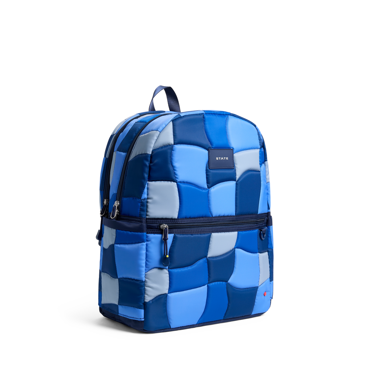 STATE Bags Kane Double Pocket Large Backpack Blue Puffer Check Side View Click to Zoom