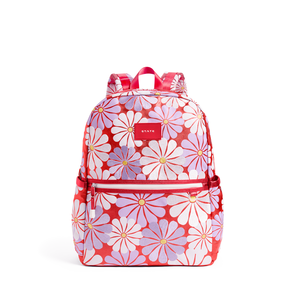 STATE Bags Kane Double Pocket Large Backpack Metallic Ruby Floral Front View Click to Zoom