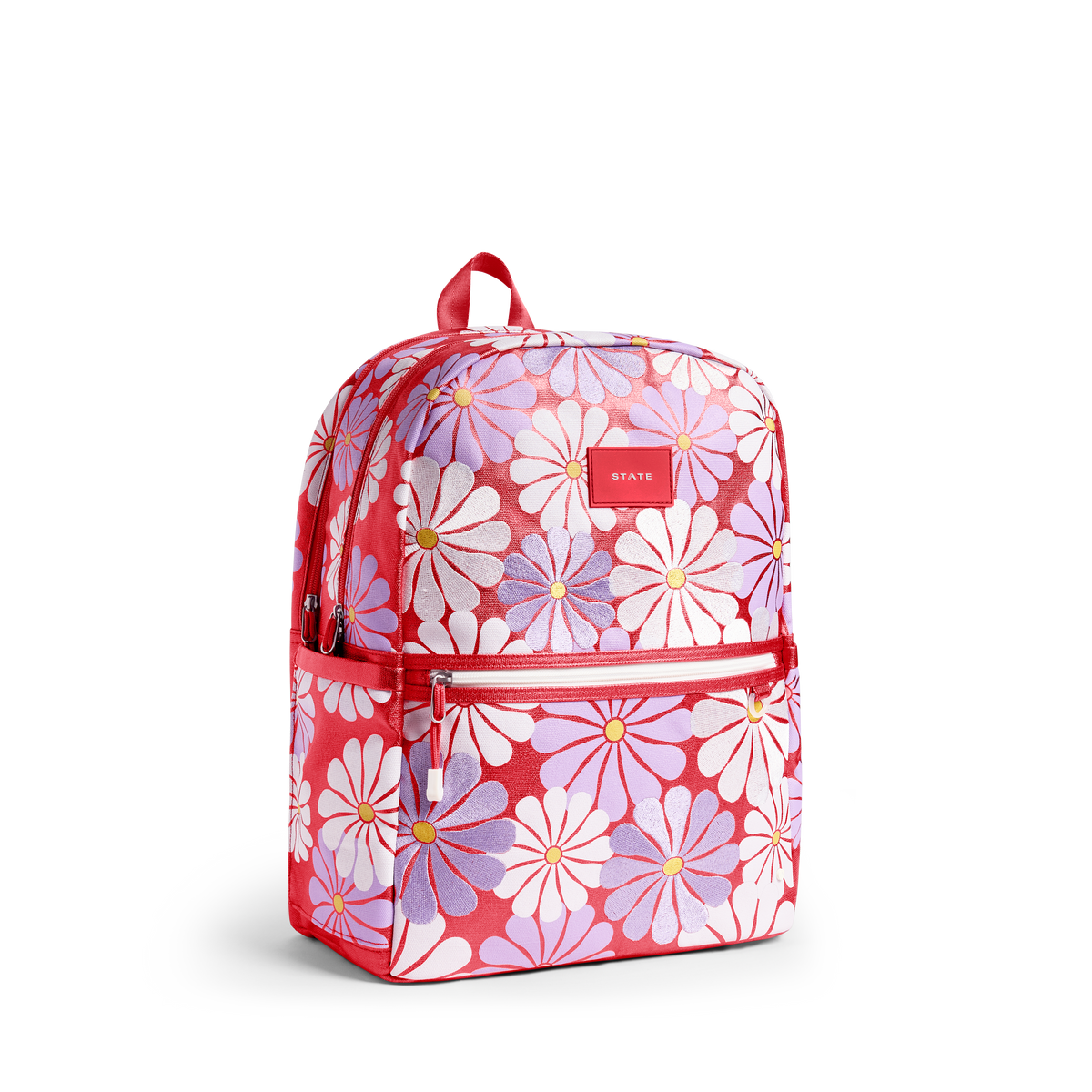 STATE Bags Kane Double Pocket Large Backpack Metallic Ruby Floral Front Side View Click to Zoom