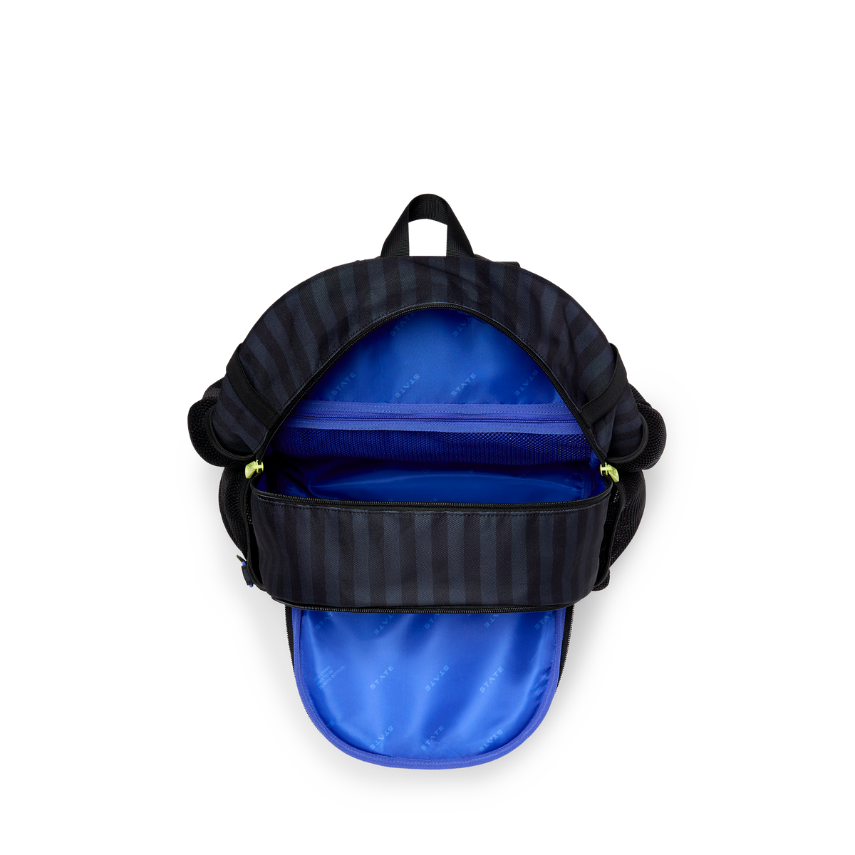 STATE Bags Shea Baseball Backpack Blue Gray Striped Overhead View Click to Zoom