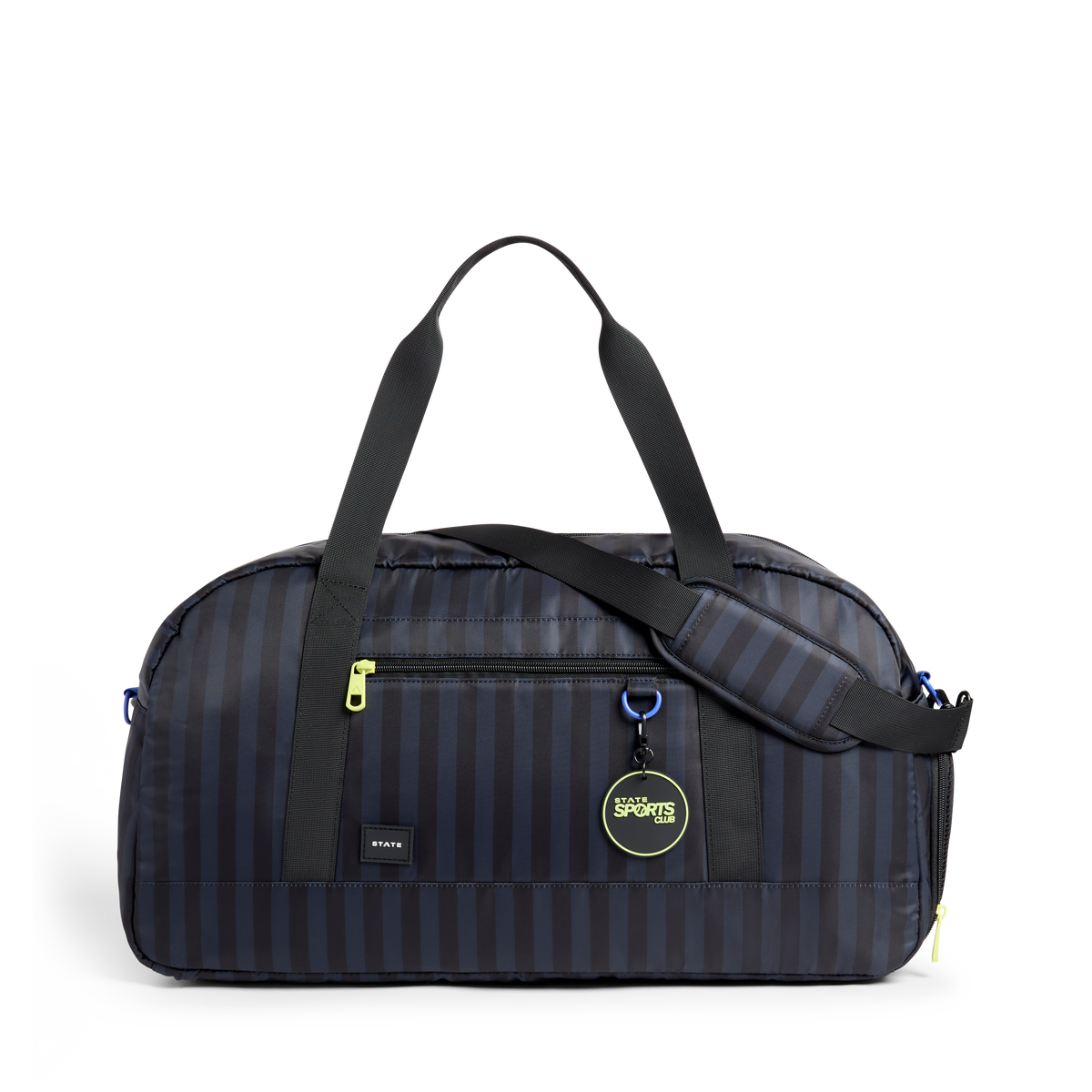 STATE Bags Fenway Sports Duffle Blue Gray Striped Front View Click to Zoom