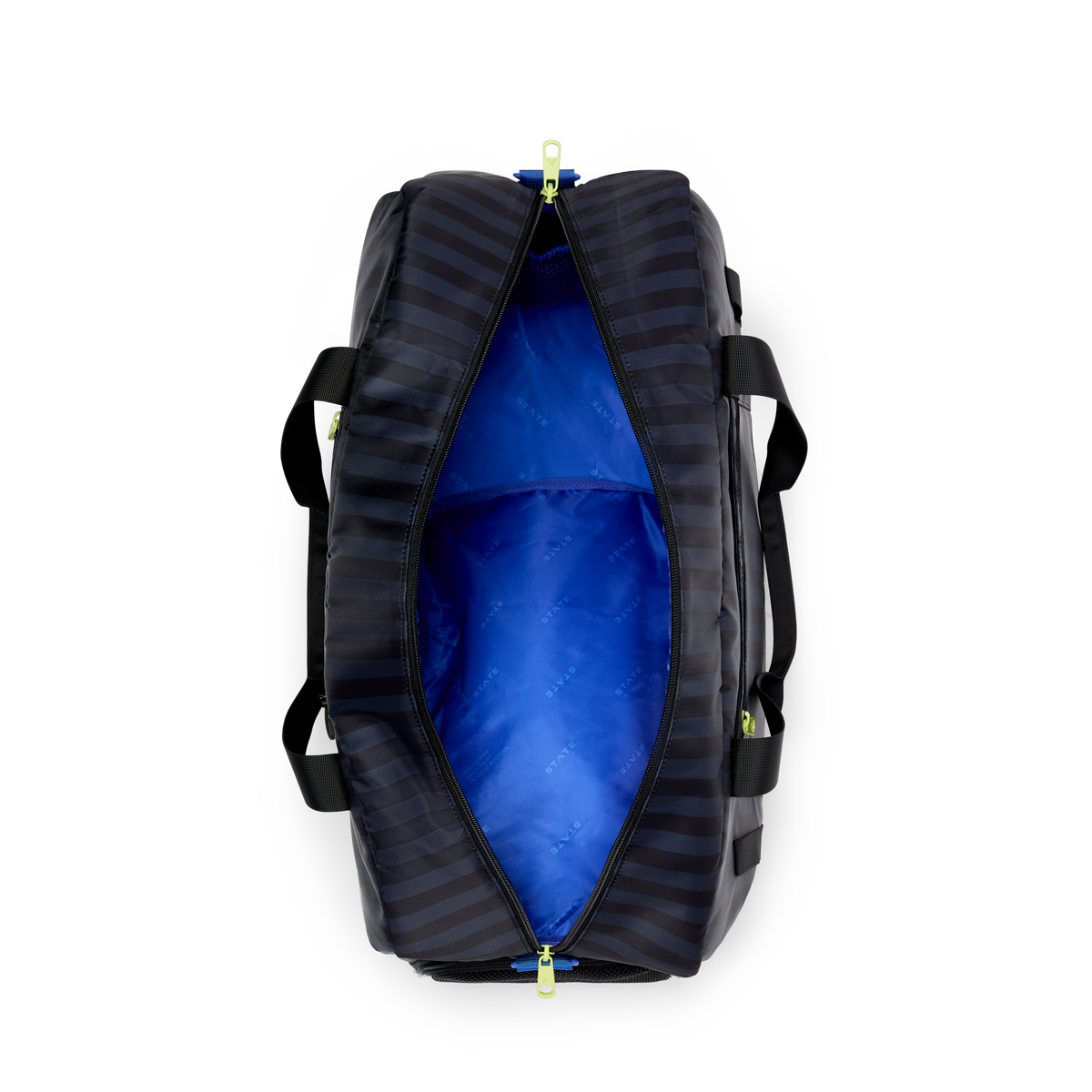STATE Bags Fenway Sports Duffle Blue Gray Striped Overhead View Click to Zoom