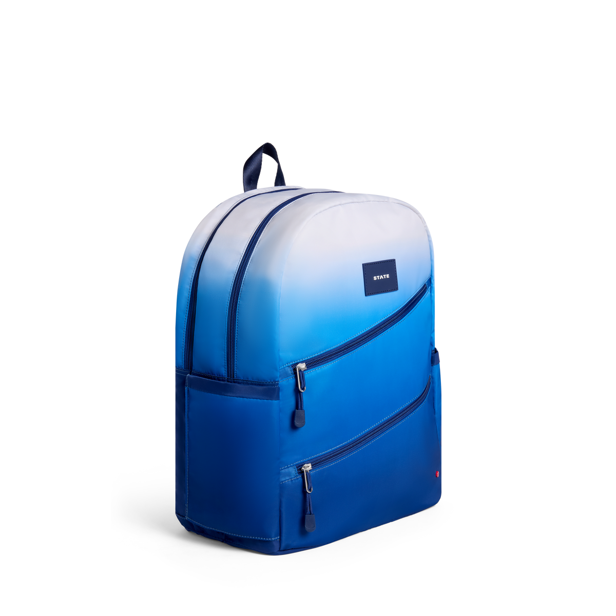 STATE Bags Kane Double Pocket Backpack Blue Gradient Diagonal Zipper Side View Click to Zoom