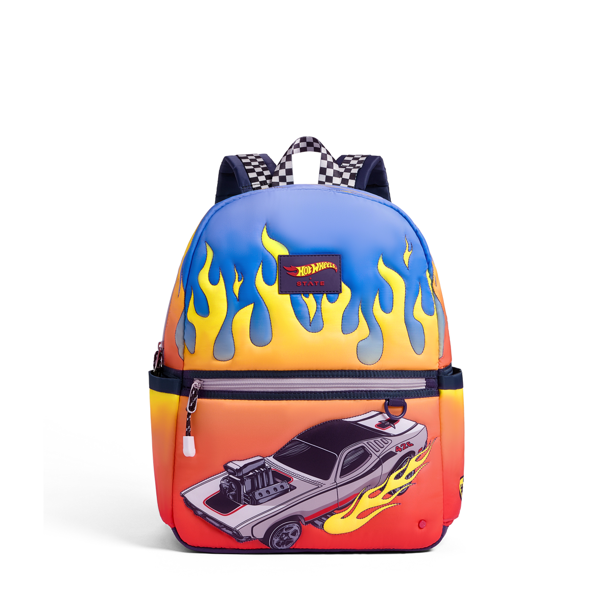 STATE Bags x Hot Wheels Kane Double Pocket Backpack Hot Wheels Flames Front View Click to Zoom