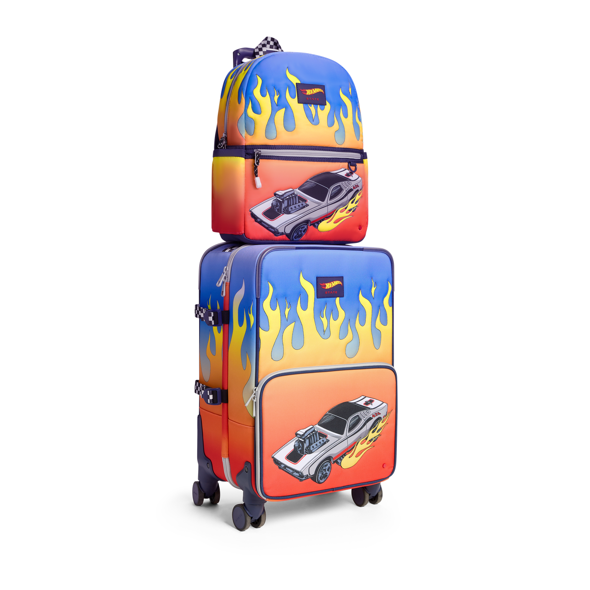 STATE Bags x Hot Wheels Kane Double Pocket Backpack and Logan Suitcase in Hot Wheels Flames Front View Click to Zoom