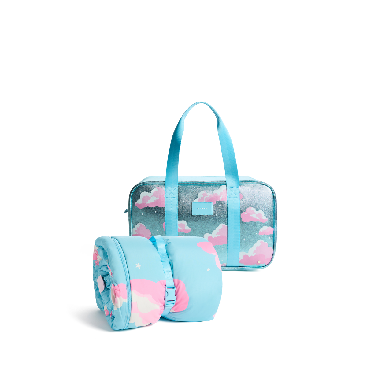 STATE Bags Rockaway Duffle Clouds and sleping bag front View Click to Zoom