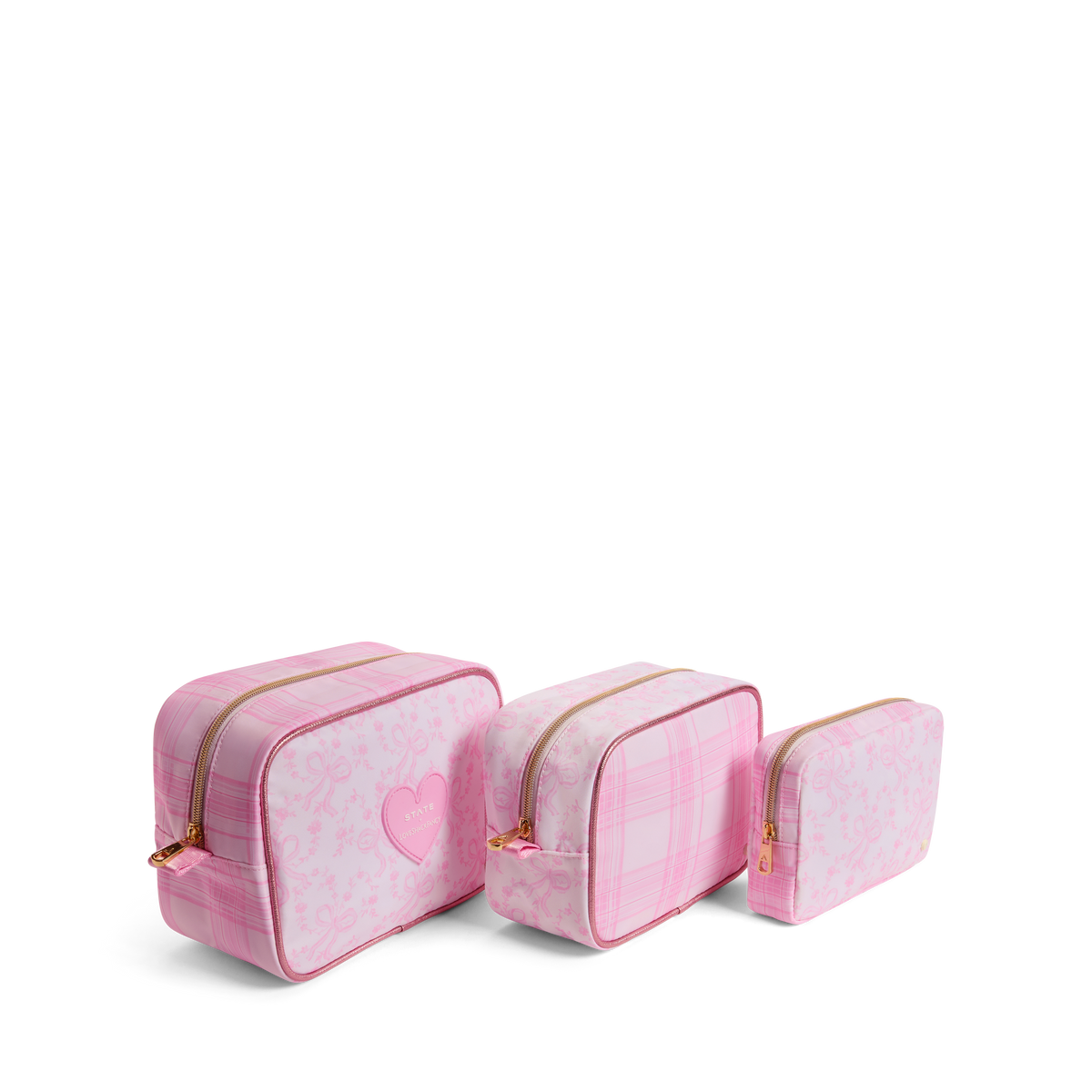 STATE x LoveShackFancy Travel Pouch Set of Three Pink Vanilla Side View Click to Zoom