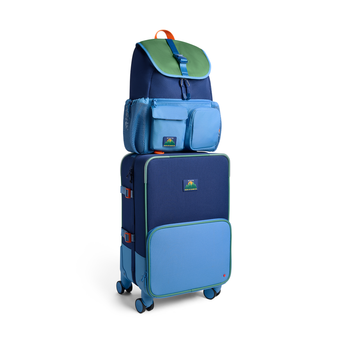 STATE Bags Logan Carry-On Suitcase Green/Blue/Orange Bundle Front Side View Click to Zoom