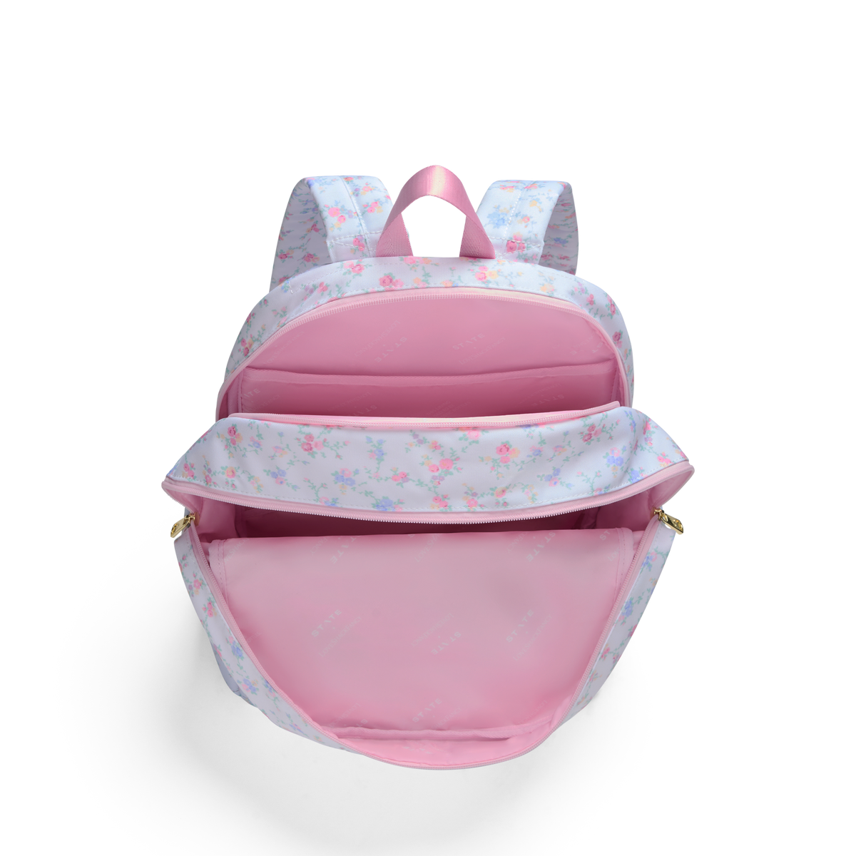 STATE x LoveShackFancy Kane Double Pocket Backpack Polyester Canvas Confetti Bloom / Wildflower Blue Overhead Interior View Click to Zoom