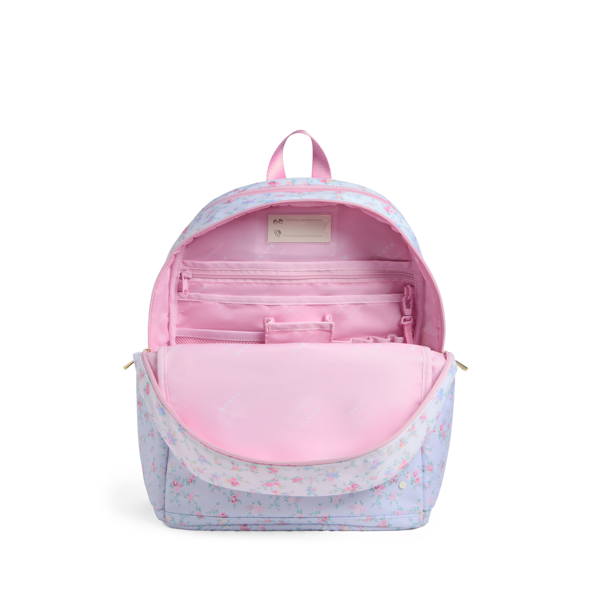 STATE x LoveShackFancy Kane Double Pocket Backpack Polyester Canvas Confetti Bloom / Wildflower Blue Front Interior View Click to Zoom