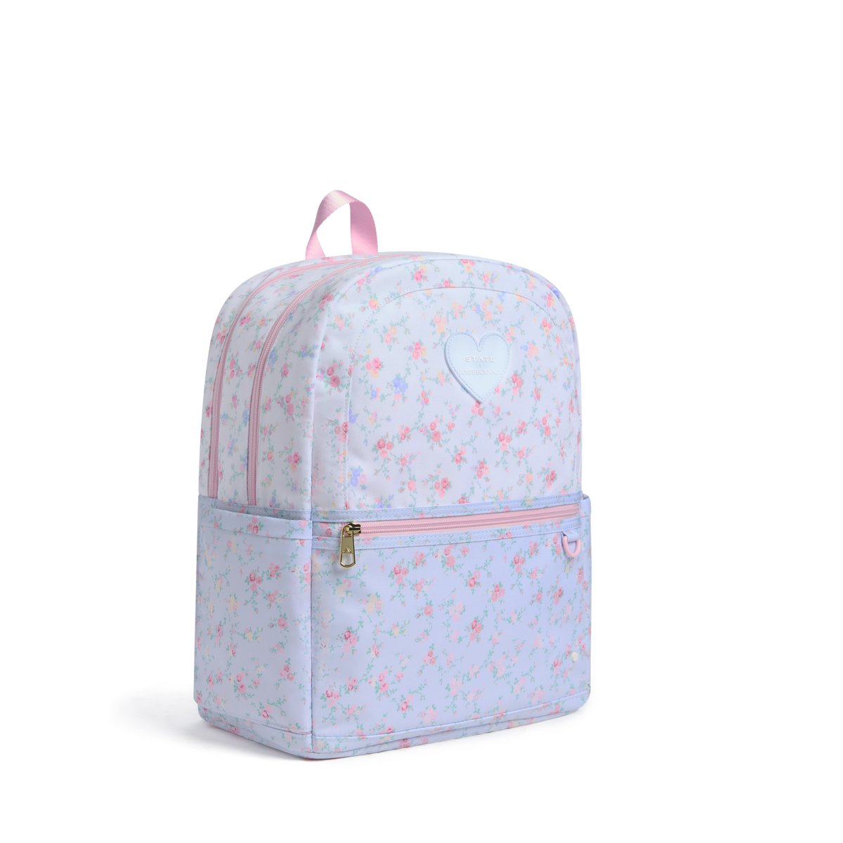 STATE x LoveShackFancy Kane Double Pocket Backpack Polyester Canvas Confetti Bloom / Wildflower Blue Side View Click to Zoom