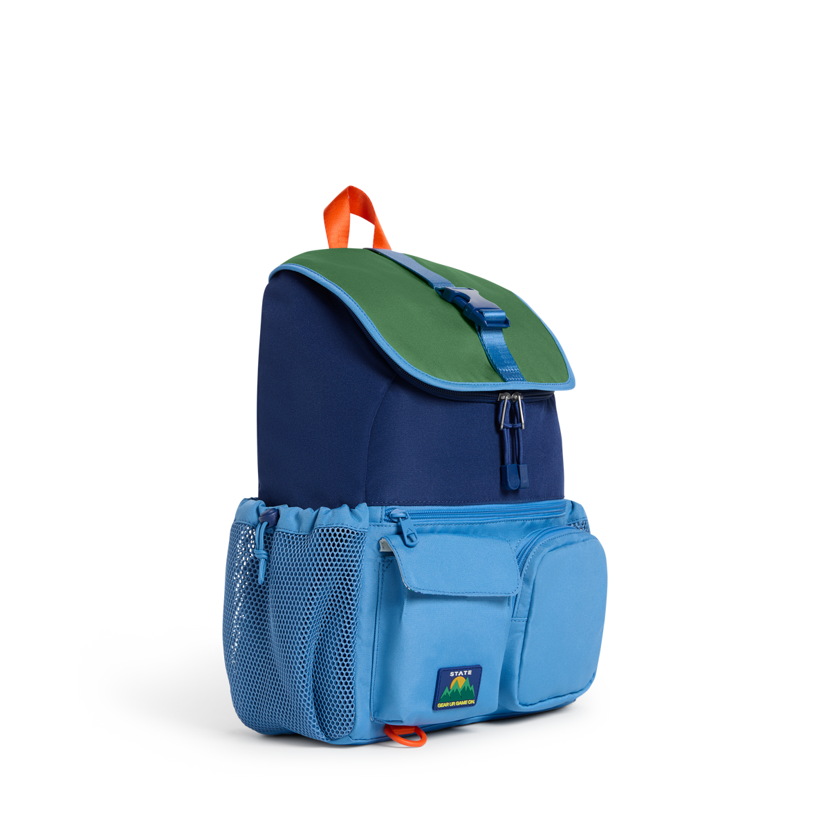 STATE Bags Charlie Explorer Backpack Green/Blue/Orange Side View Click to Zoom