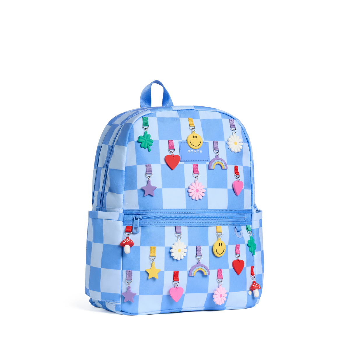 STATE Bags Kane Double Pocket Backpack Charms Blue Check Front Side View Click to Zoom