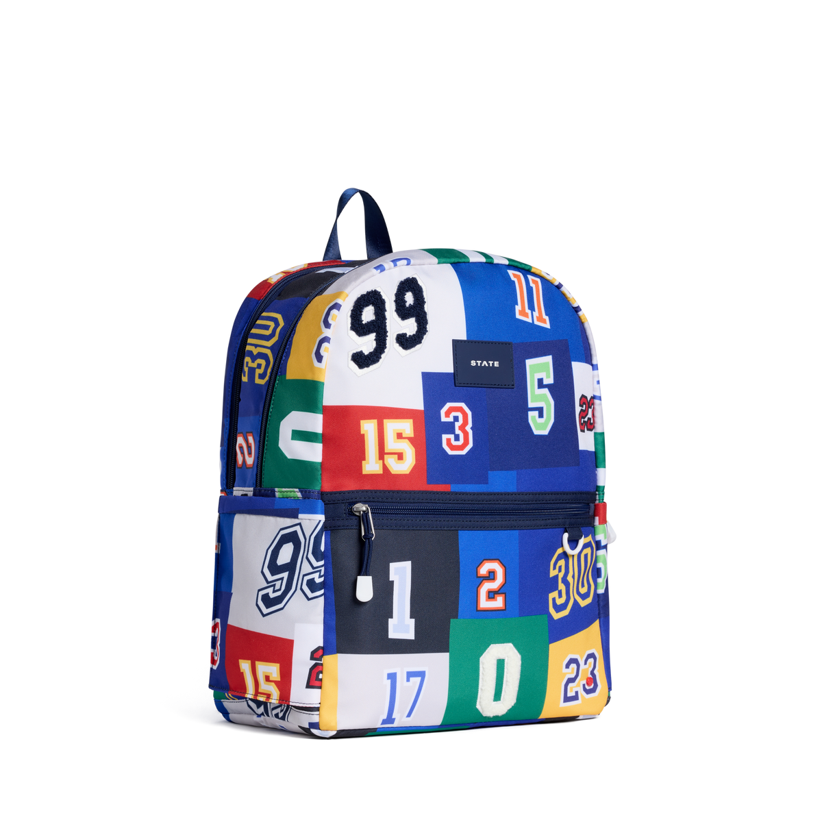 STATE Bags Kane Double Pocket Backpack Varsity Numbers Front Side View Click to Zoom