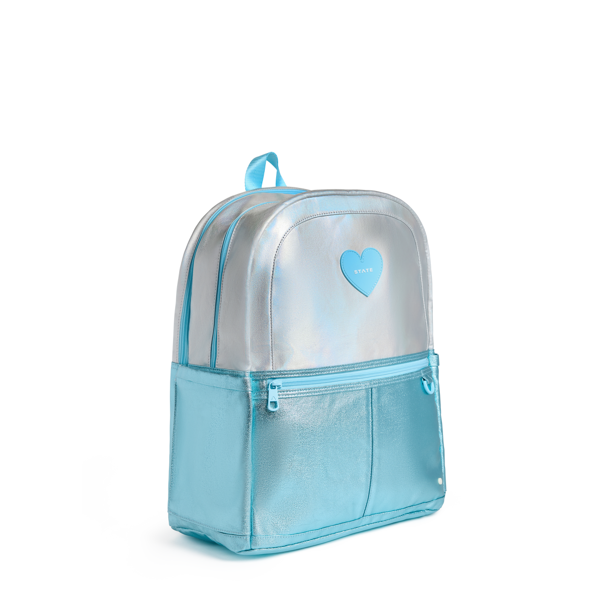 STATE Bags Kane Double Pocket Large Backpack Blue Iridescent Front Side View Click to Zoom