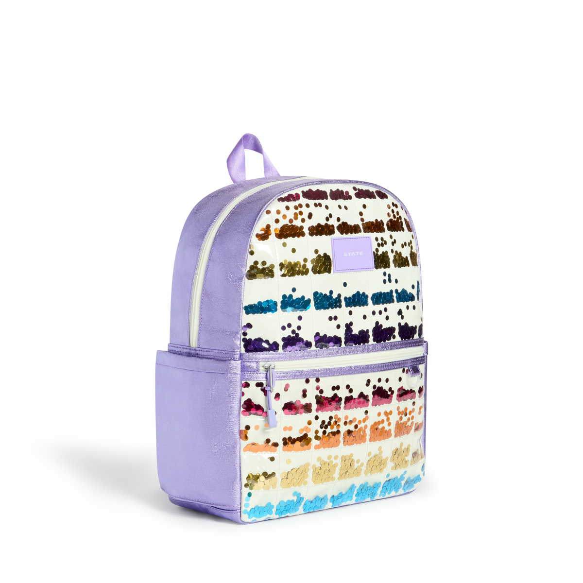 STATE Bags Kane Backpack Lilac Quilted Sequins Side View Click to Zoom