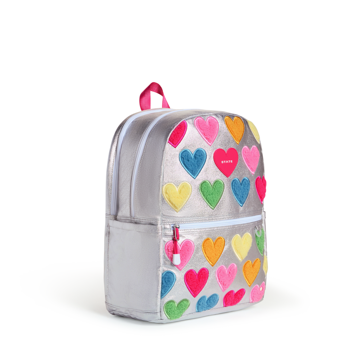 STATE Bags Kane Double Pocket Backpack Happy Fuzzy Hearts Side View Click to Zoom
