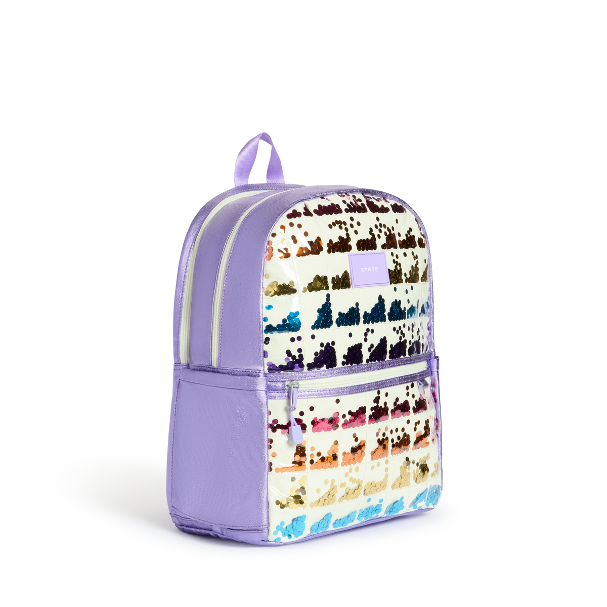 STATE Bags Kane Double Pocket Backpack Lilac Quilted Sequins Side View Click to Zoom