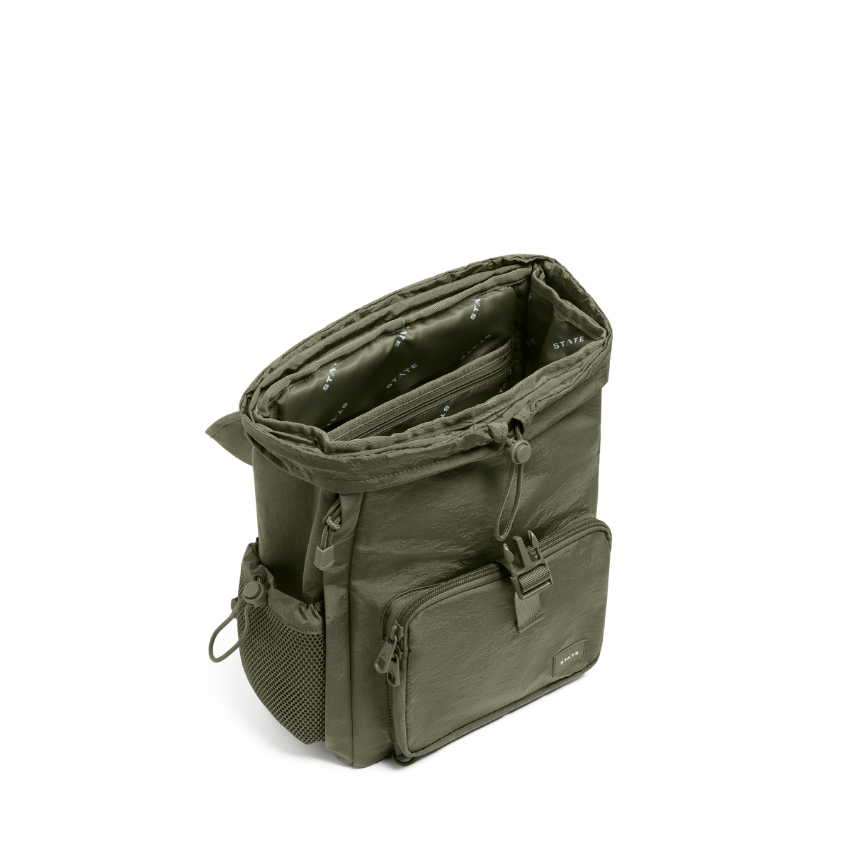 STATE Bags Nevie Backpack Crinkle Nylon Olive Interior Overhead View Click to Zoom