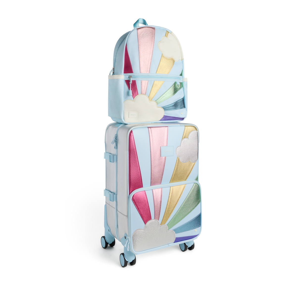 STATE Bags Logan Carry-On Suitcase and Kane Backpack Rainbow Cloud Front View Click to Zoom