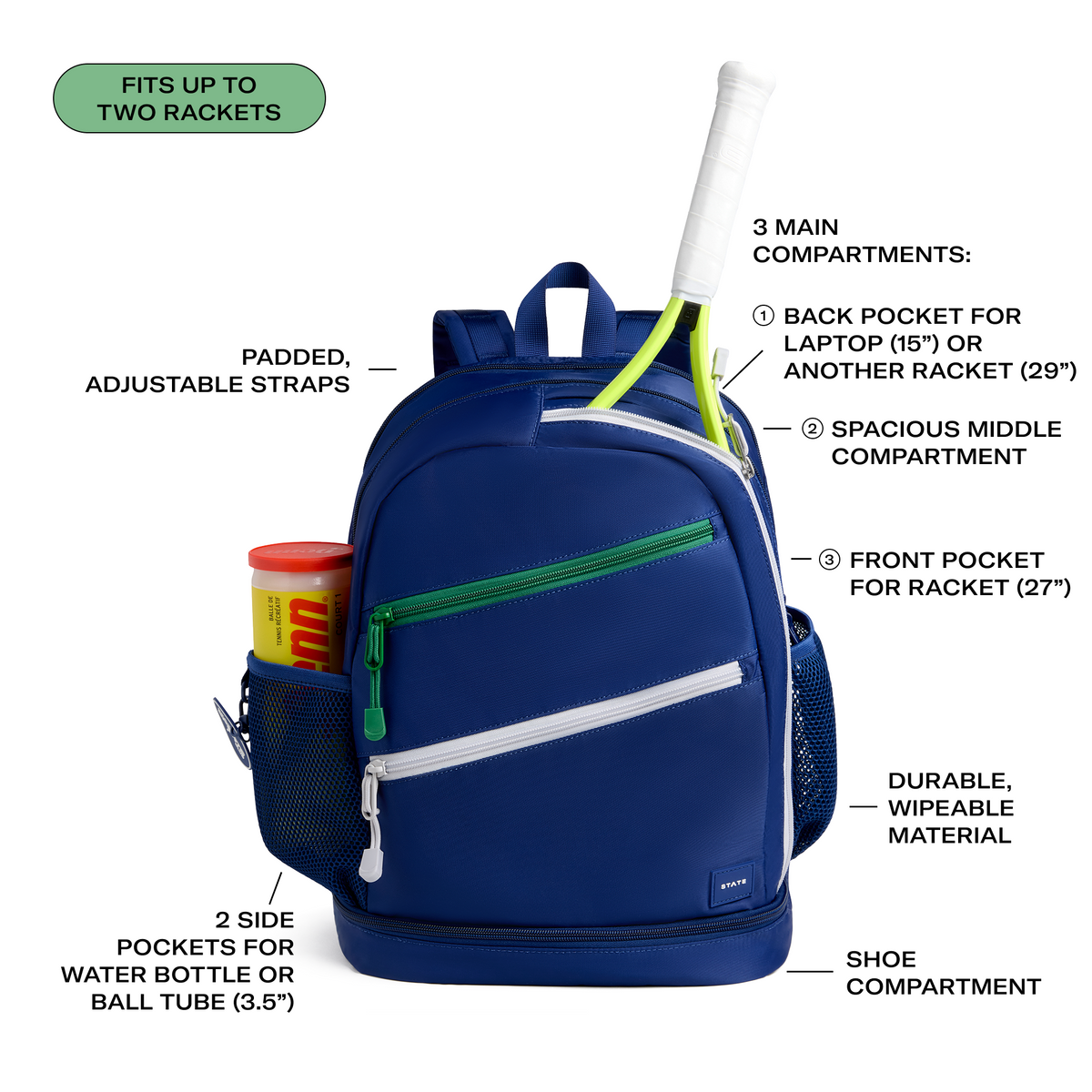 STATE Bags Lenox Tennis Bag Navy Front Features callout click to zoom