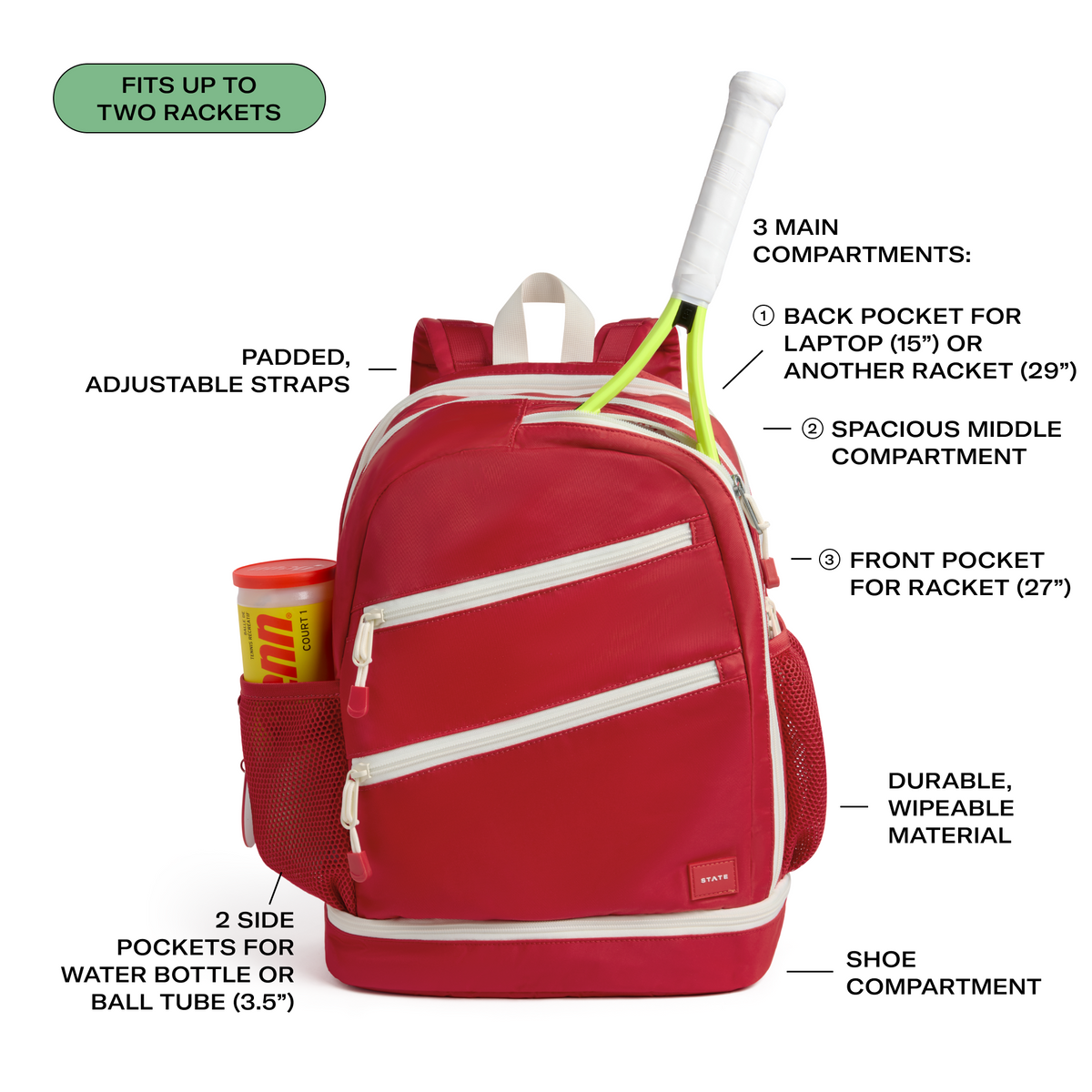 STATE Bags Lenox Tennis Bag Red Front Features Callout Click to Zoom