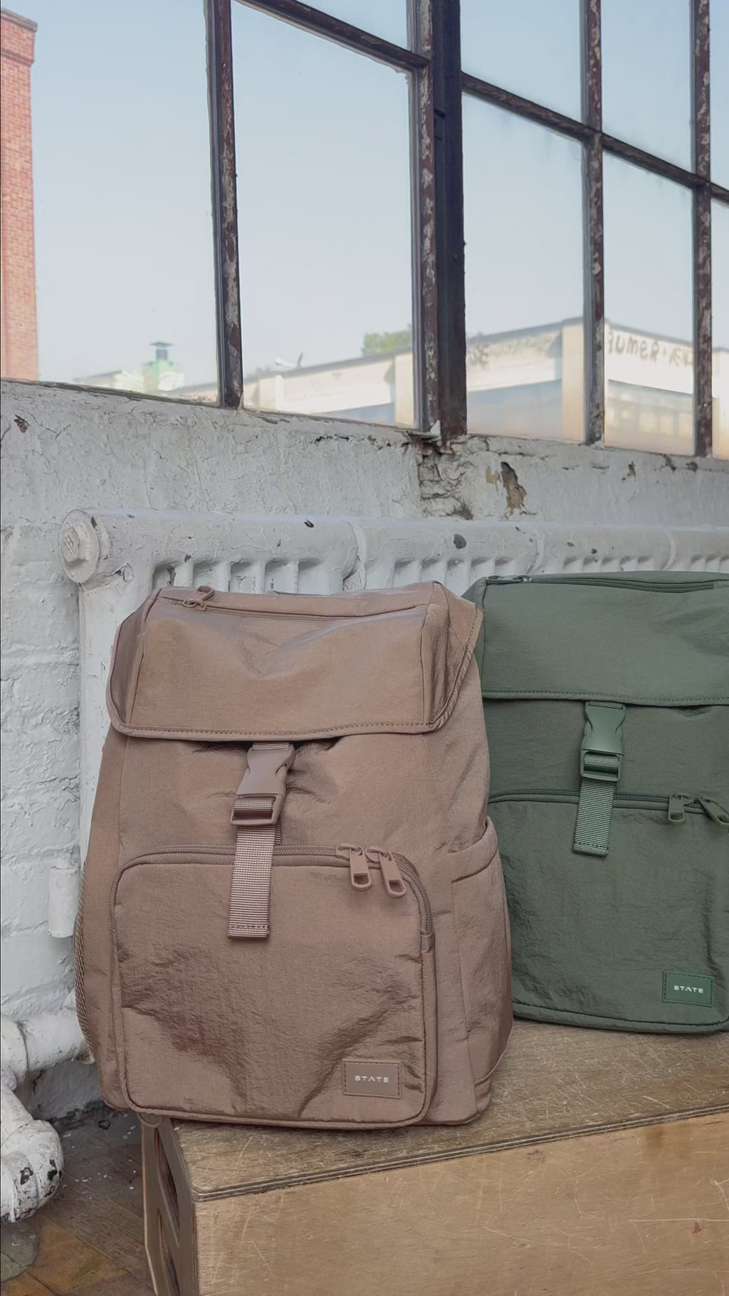 Video showing STATE Bags Nevie Backpacks Olive and Affogato