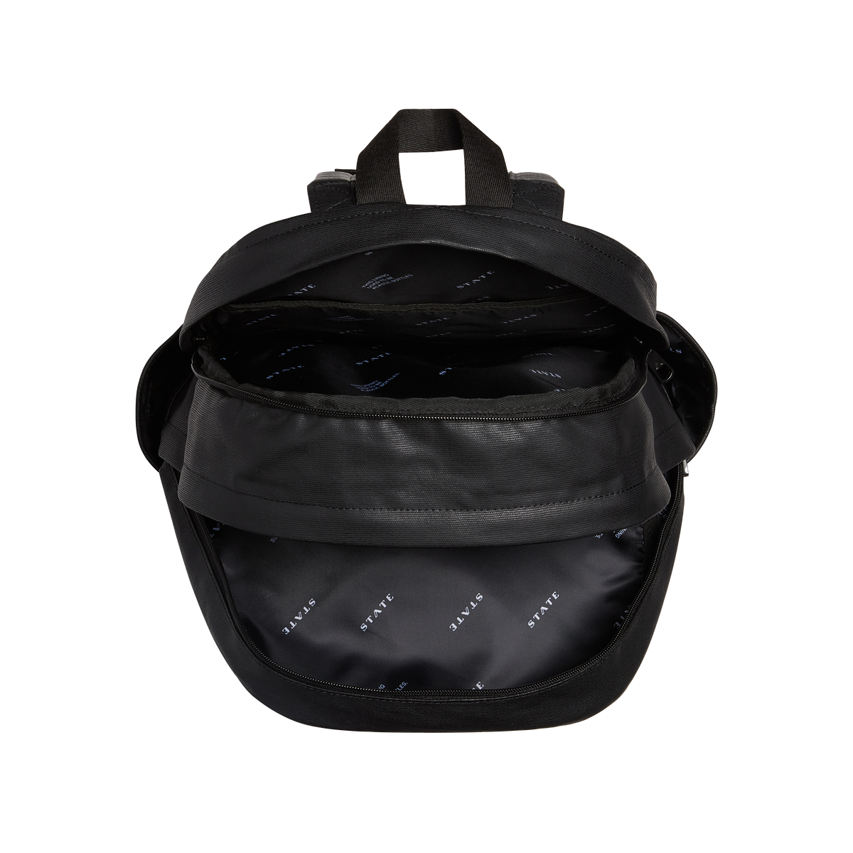 STATE Bags kane double pocket large backpack coated canvas interior overhead view click to zoom 