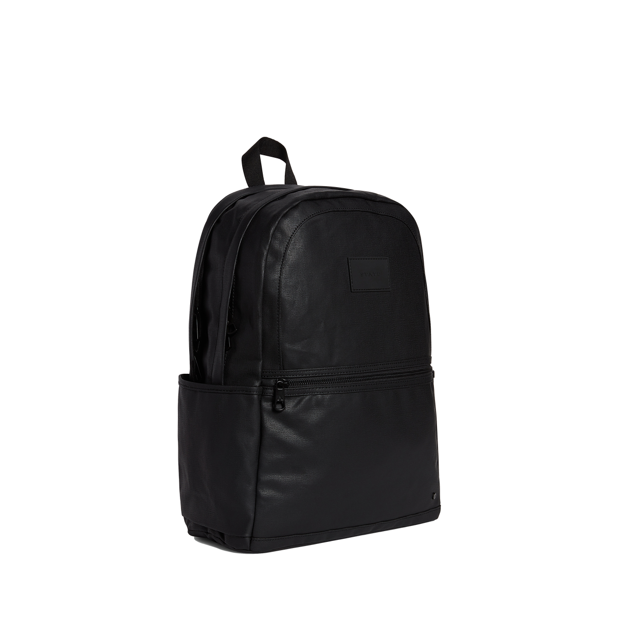 STATE Bags kane double pocket large backpack coated canvas black front view side angle click to zoom 