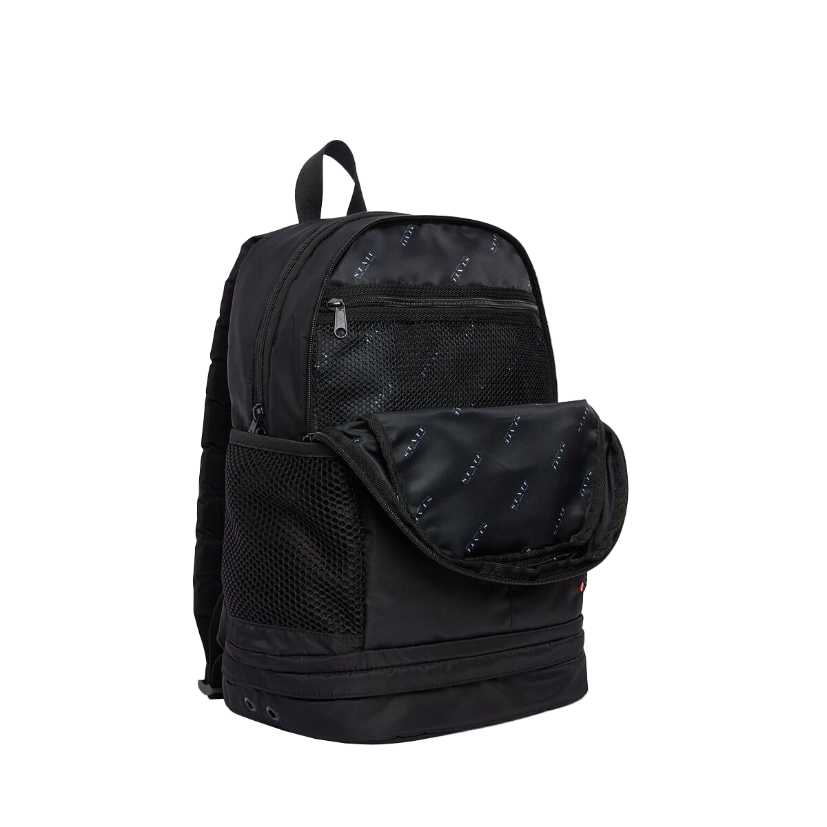 state bags Lenox with shoe pocket backpack nylon black interior front pocket view side angle click to zoom